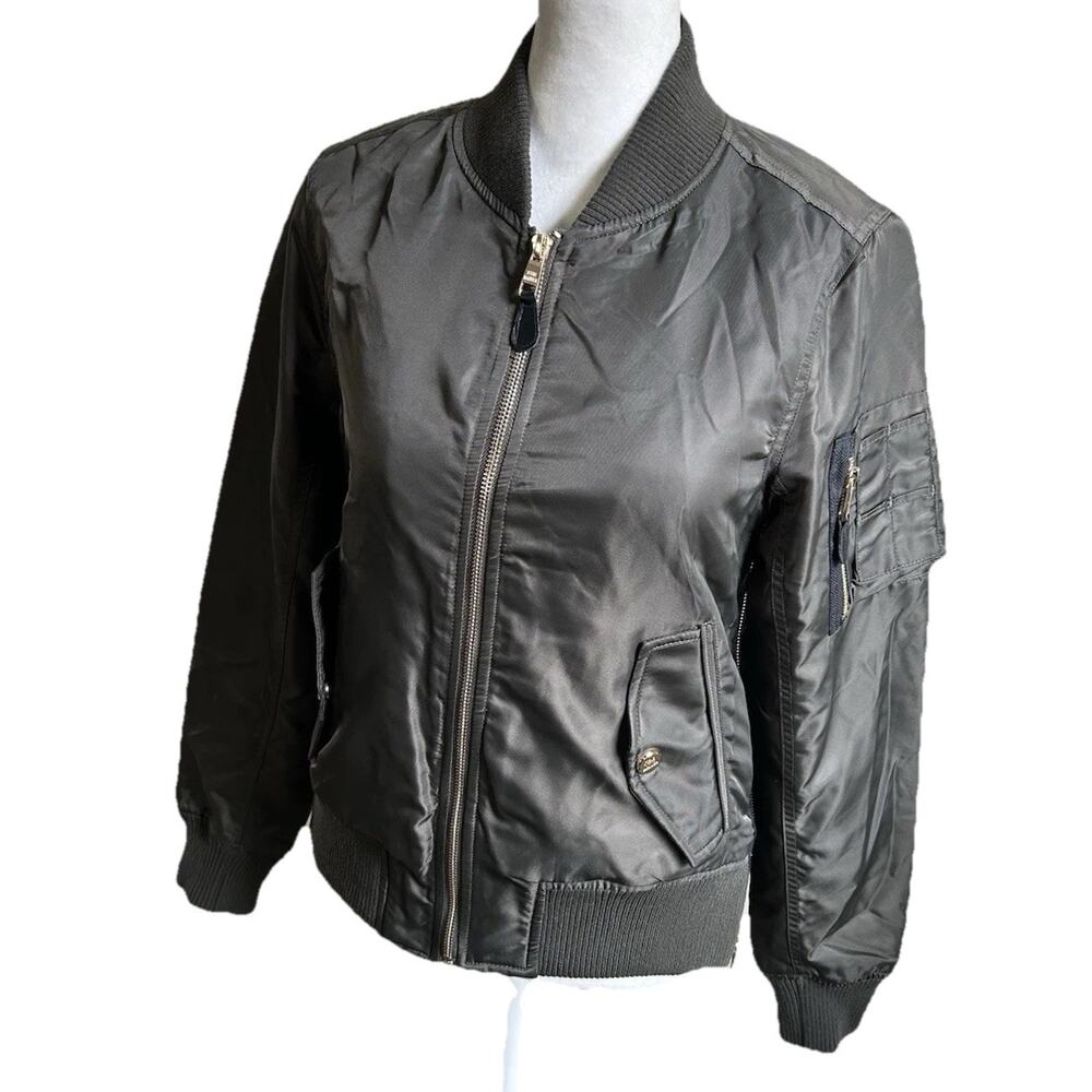 Steve Madden Satin Flight Bomber Jacket XS Army Green Military Zip Y2K NWOT